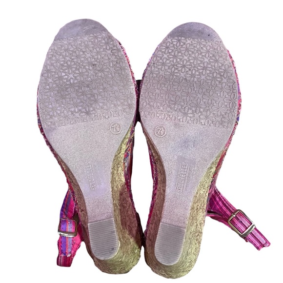 Seychelles Pink Stripped Canvas Bo Peep Toe Slingback Cork Wedges Women Size 7.5 - Picture 13 of 14